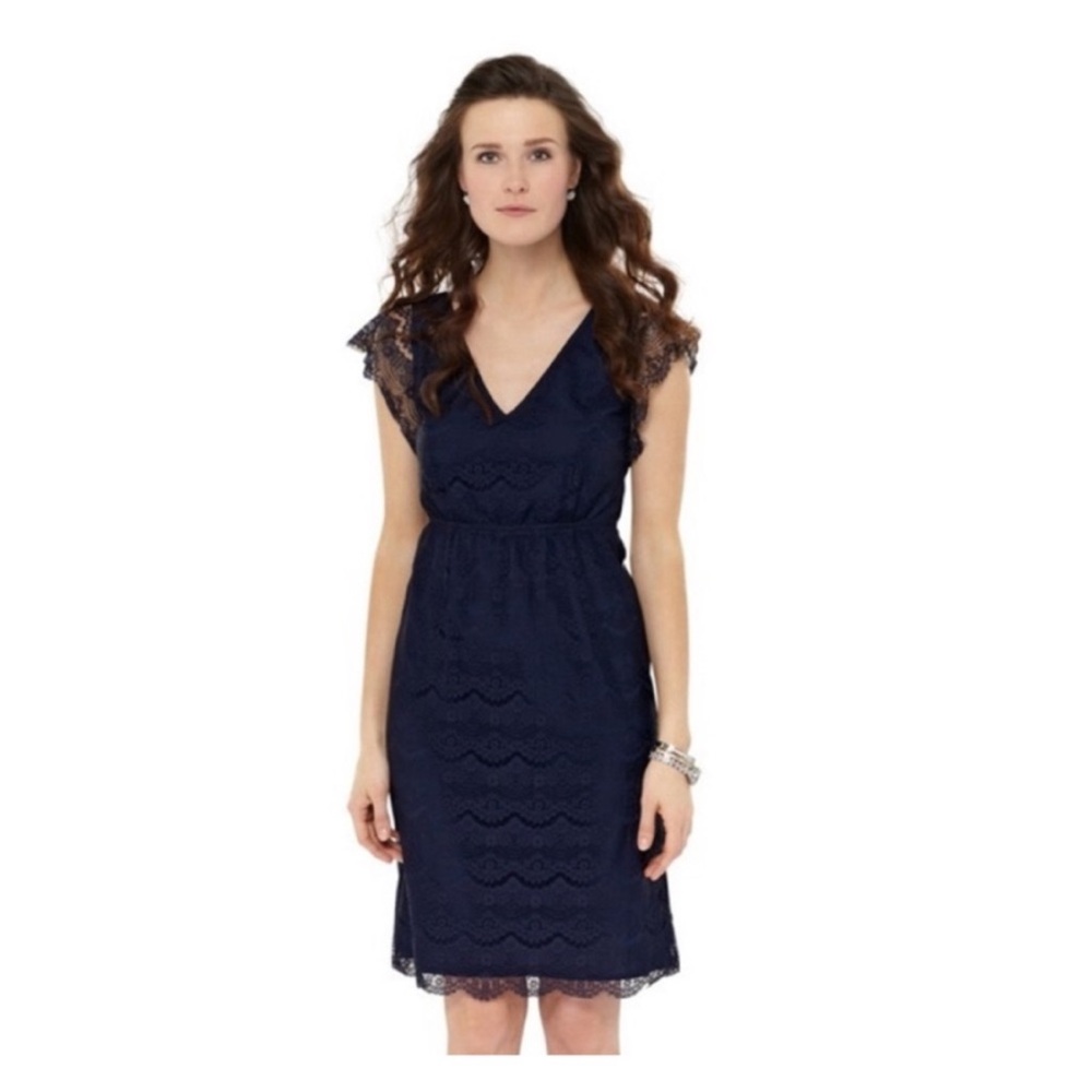 Fossil navy blue penny lace scallop cap sleeve v-neck elastic waist dress L